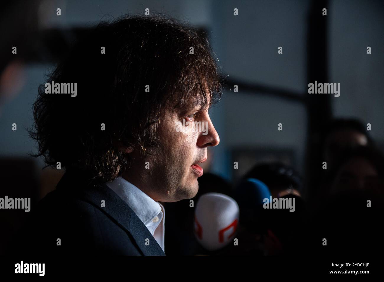 Prime Minister Irakli Kobakhidze of the Georgian Dream party speaks to press after casting his vote at a polling booth in Tbilisi. The Prime Minister of the Georgian Dream party places his vote at a polling booth in Tbilisi. Georgian Dream have been in power since 2012 and are looking for re-election, following backlash from the public surrounding their supposed pro-Russian stance. Many fear that if Georgian Dream win, Russia will have increased influence on the sovereignty of Georgia. (Photo by Jay Kogler/SOPA Images/Sipa USA) Stock Photo