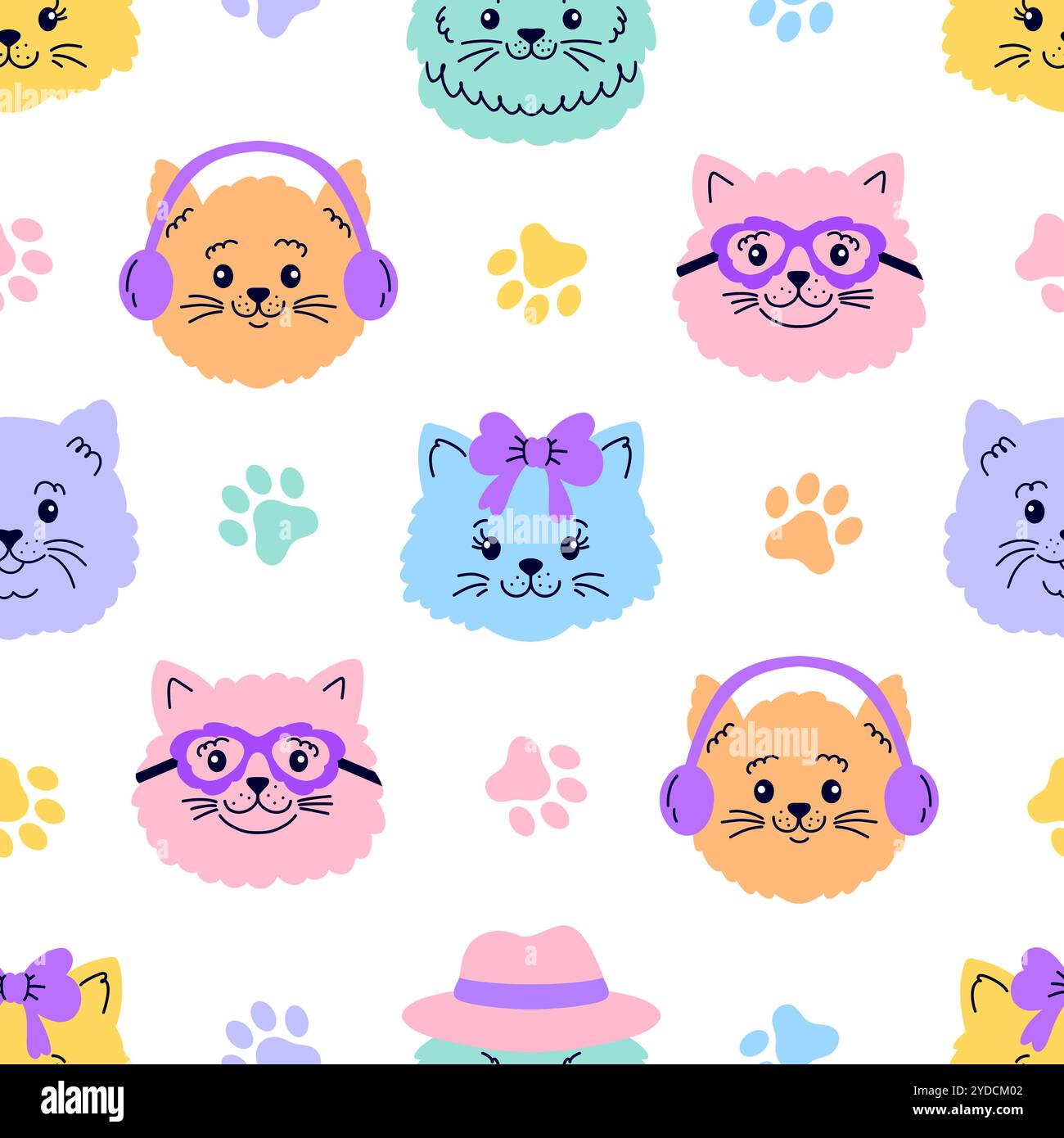 Seamless pattern with cat faces and paws Stock Vector