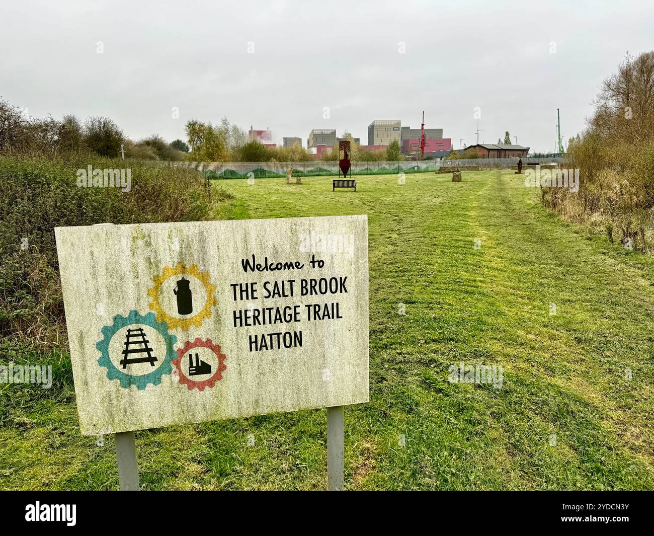 Information sign at  The Salt Brook Heritage Trail with Nestle Factory behind. Stock Photo