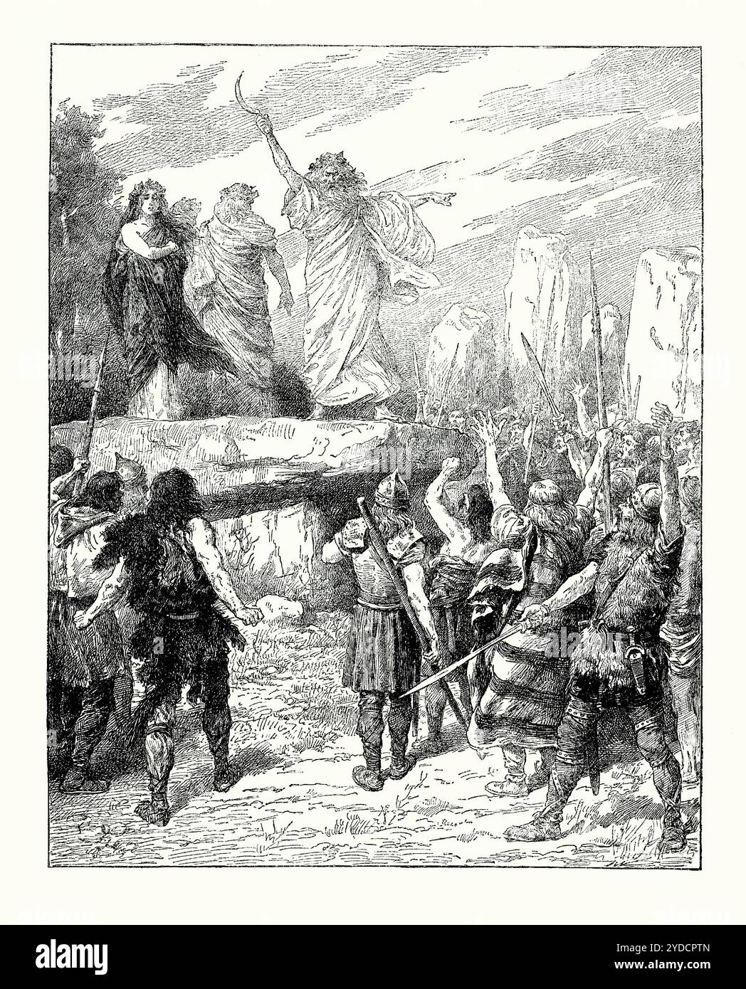 An old engraving of Druids speaking out to an audience against the Roman occupation of Britain, in c. 100 CE. It is from a Victorian history book of c.1900. After the Roman conquest of Britain, the Druids gave assistance to Caratacus who led a revolt of his tribe and others against Roman rule. During the reign of Nero his governor Suetonius Paulinus took a legion to the Island of Anglesey (Mona) in 60–61 CE, which was a Druid stronghold and decimated the population there. The earliest known references to the Druids date to the 4th century BC. Stock Photo