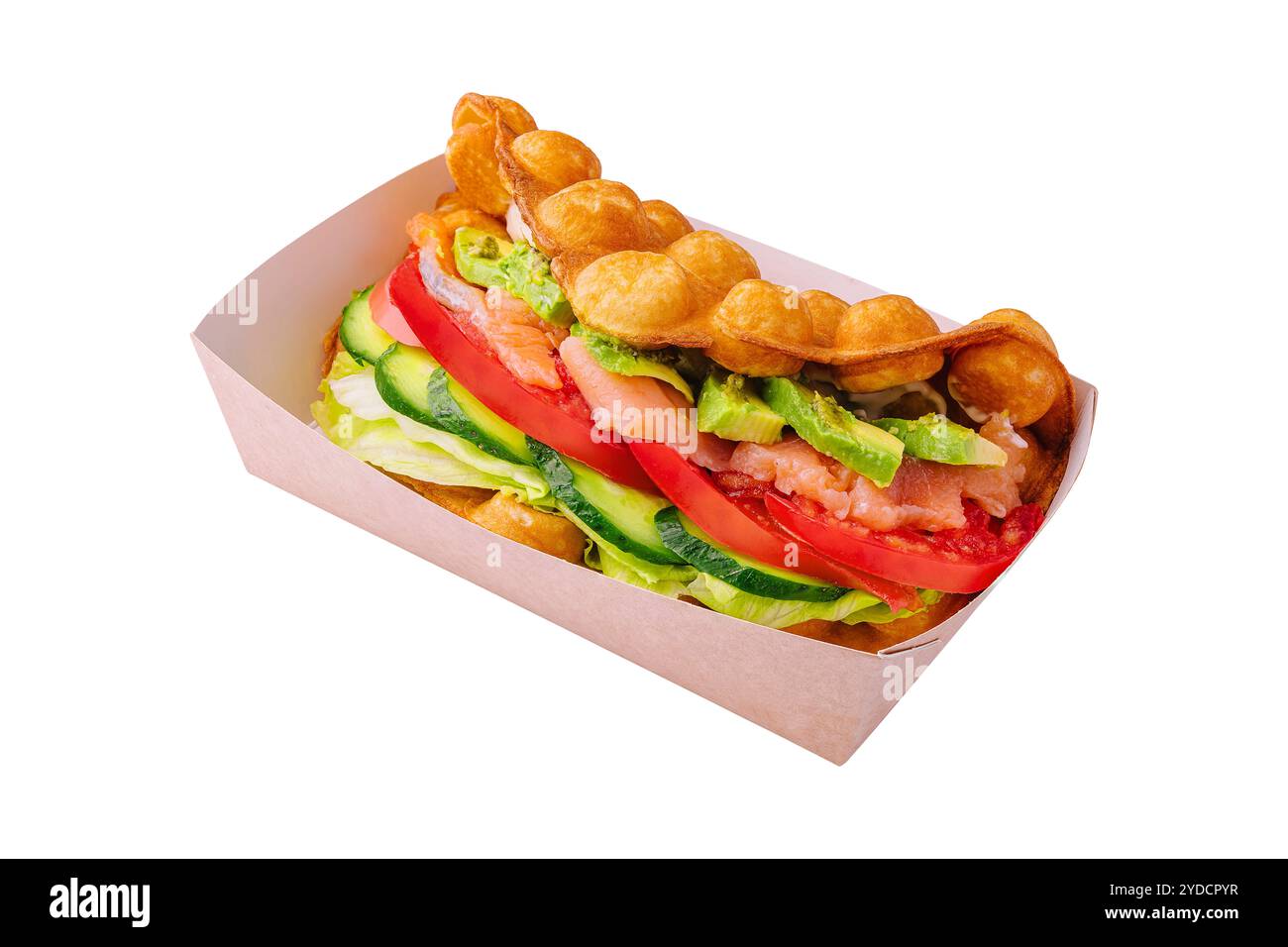Belgian waffles with salmon, avocado and salad on box Stock Photo