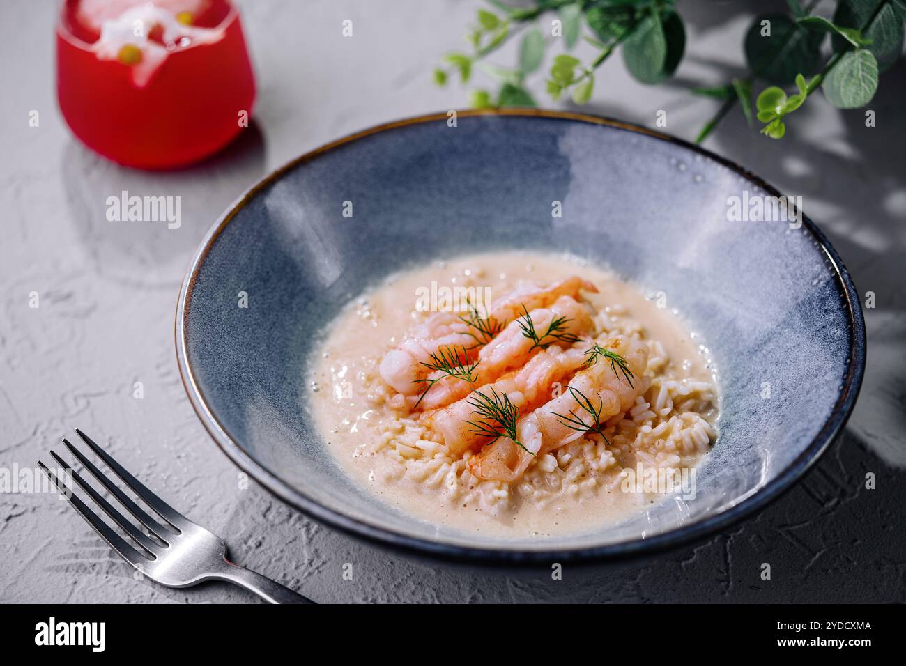 Italian risotto with shrimps on top view Stock Photo