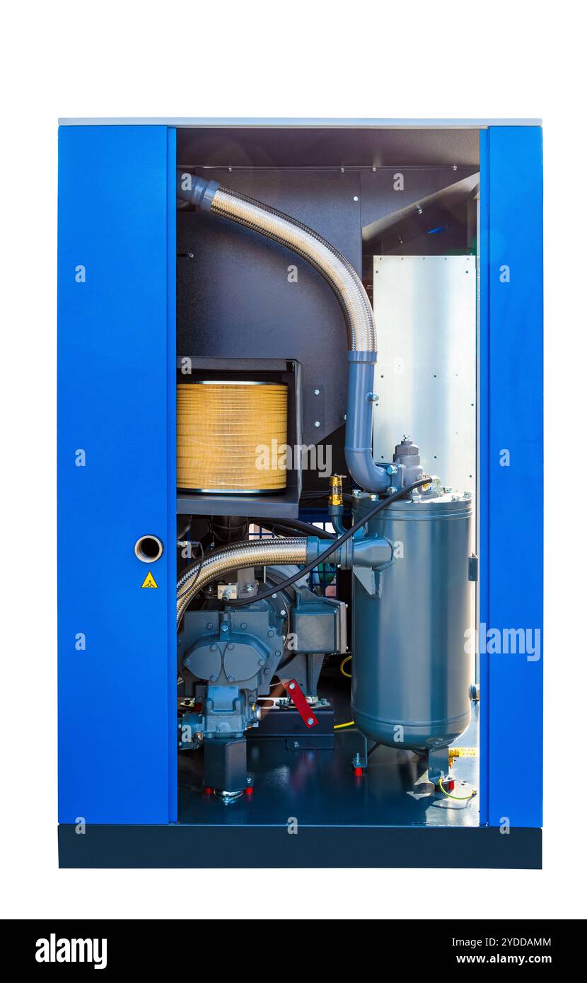 Modern blue air compressor with open doors, showcasing its internal ...