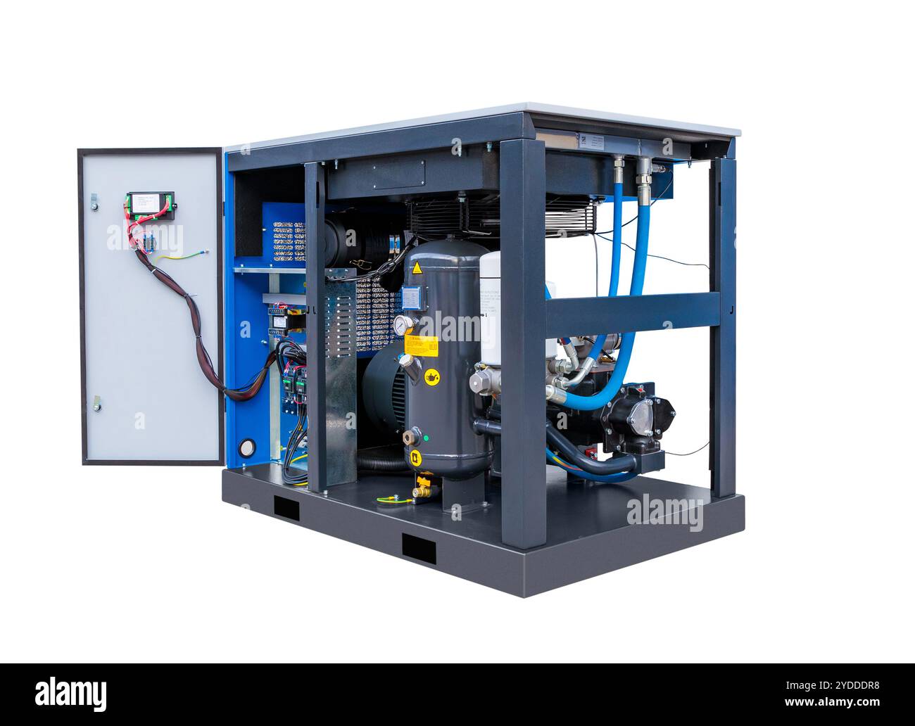 Industrial air compressor unit with open electrical panel revealing ...