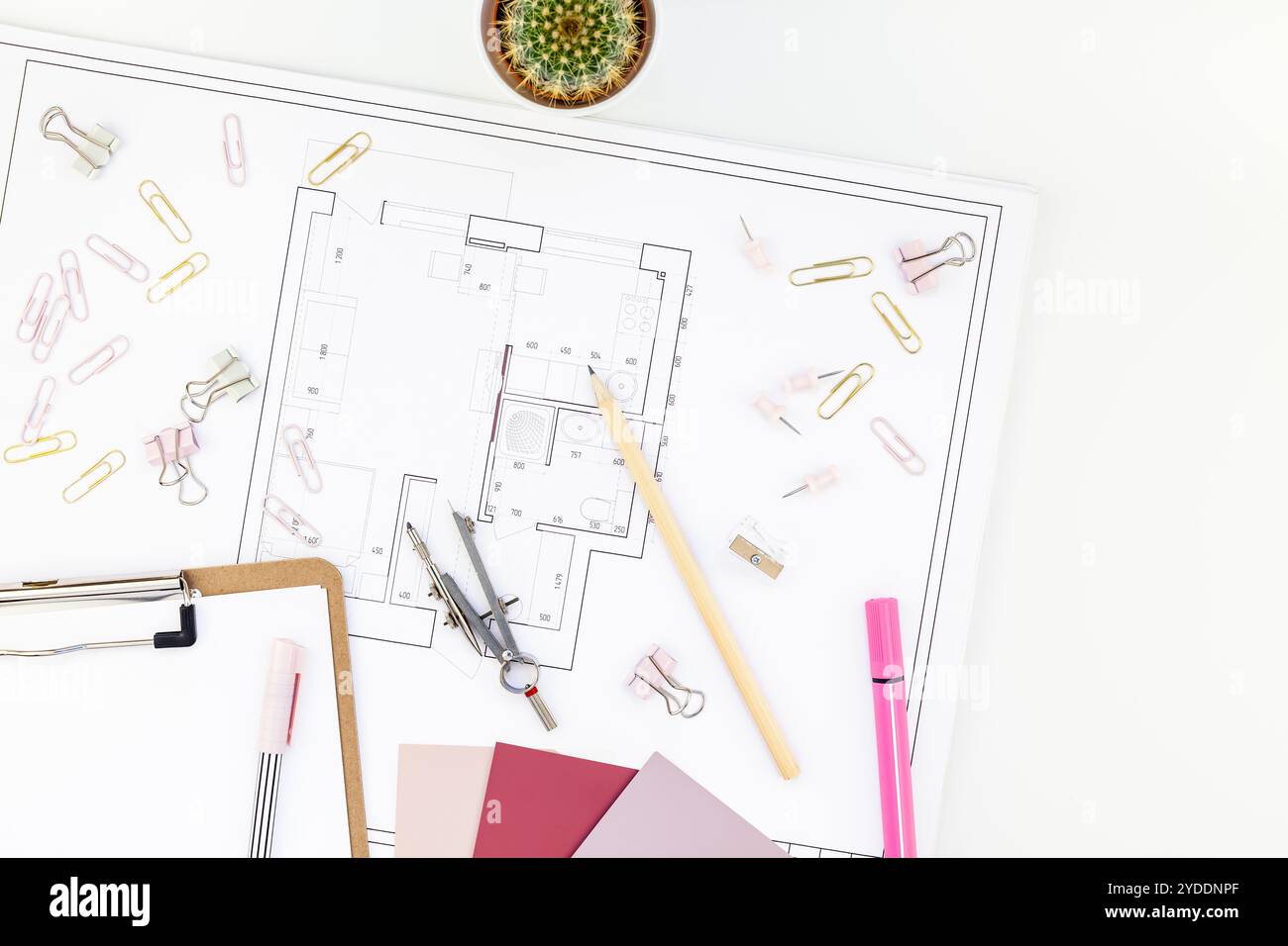 Interior designer table workplace with house plan Stock Photo - Alamy