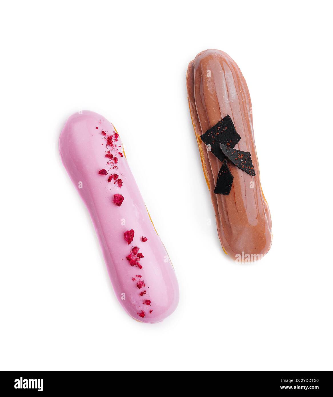Chocolate and raspberry eclairs isolated on white background Stock Photo