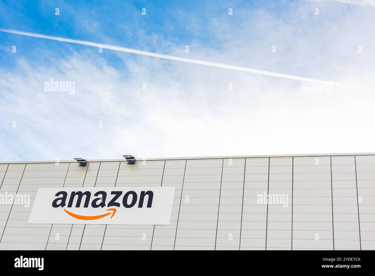 Amazon logo on the company warehouse
