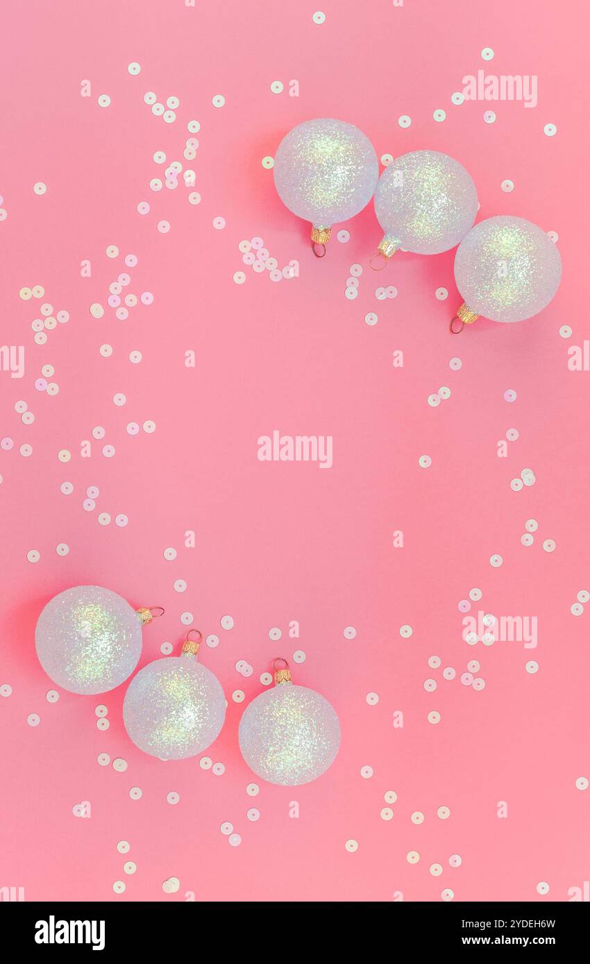 Christmas pink flat lay pattern with pearl balls Stock Photo