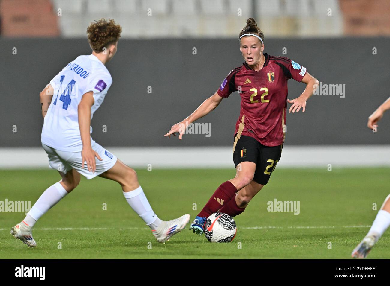 Heraklion, Greece. 25th Oct, 2024. Laura Deloose (22) of Belgium pictured during a game between the national women teams of Greece and Belgium, called the Red Flames on the first leg of the first play-off of the 2023-24 UEFA Women's European Qualifiers competition, on Friday 25 October 2024 in Heraklion, Greece . Credit: sportpix/Alamy Live News Stock Photo