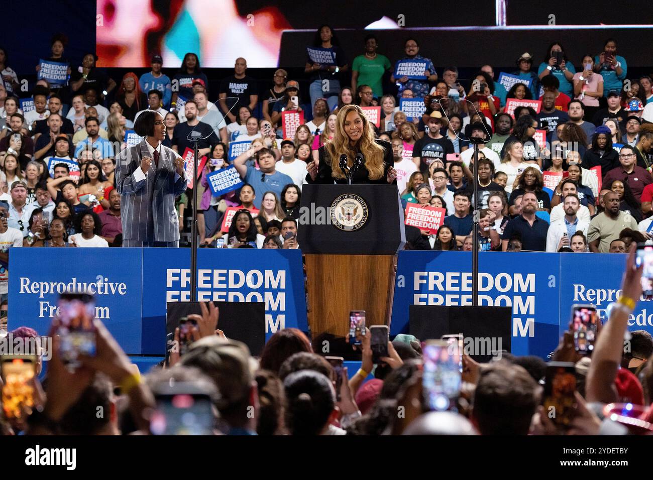 Beyonce onstage during a campaign event at Shell Energy Stadium on ...