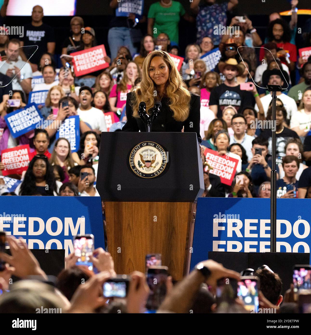 Beyonce onstage during a campaign event at Shell Energy Stadium on ...