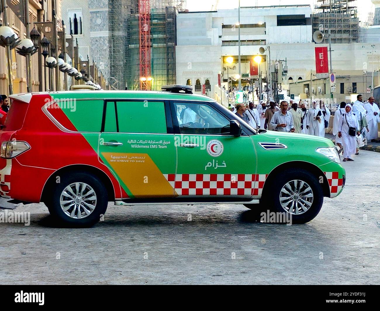 Mecca, Saudi Arabia, June 13 2024: an ambulance of Saudi Arabia red ...