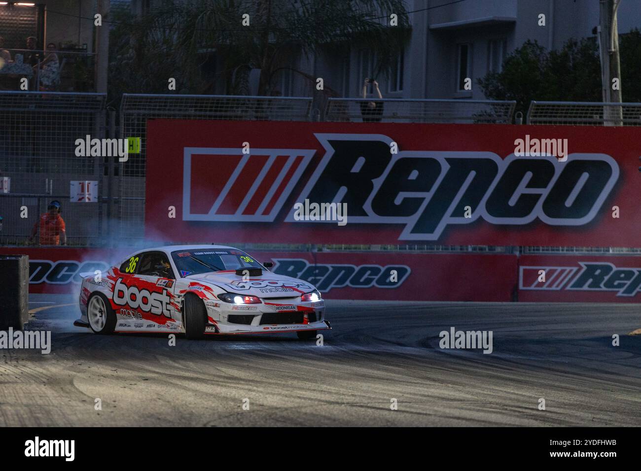 Gold Coast, Queensland, Australia. 26th Oct, 2024. Boost Mobile Drift Slam Pro driver Joshua Boettcher rounds Repco Corner during the Boost Mobile Drift Slam Pro on Saturday at the Boost Mobile Gold Coast 500. (Credit Image: © James Forrester/ZUMA Press Wire) EDITORIAL USAGE ONLY! Not for Commercial USAGE! Stock Photo