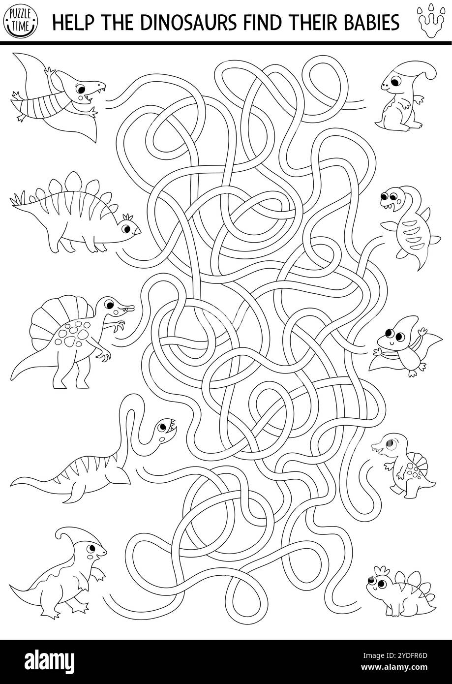 Dinosaur black and white maze for kids with animals and their babies