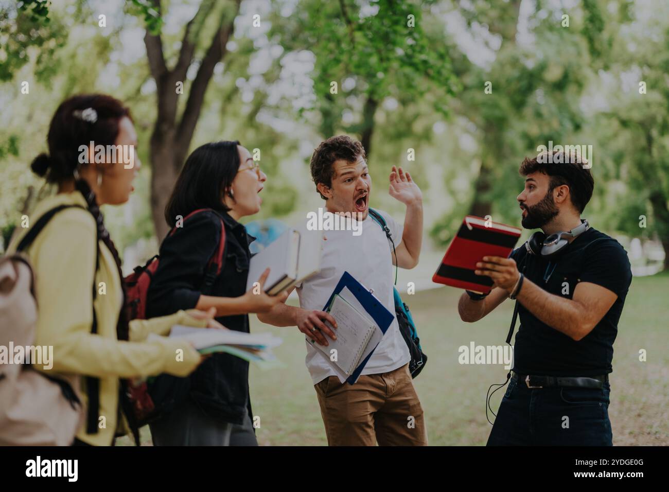 Multicultural students discussing school assignments in a park setting Stock Photo