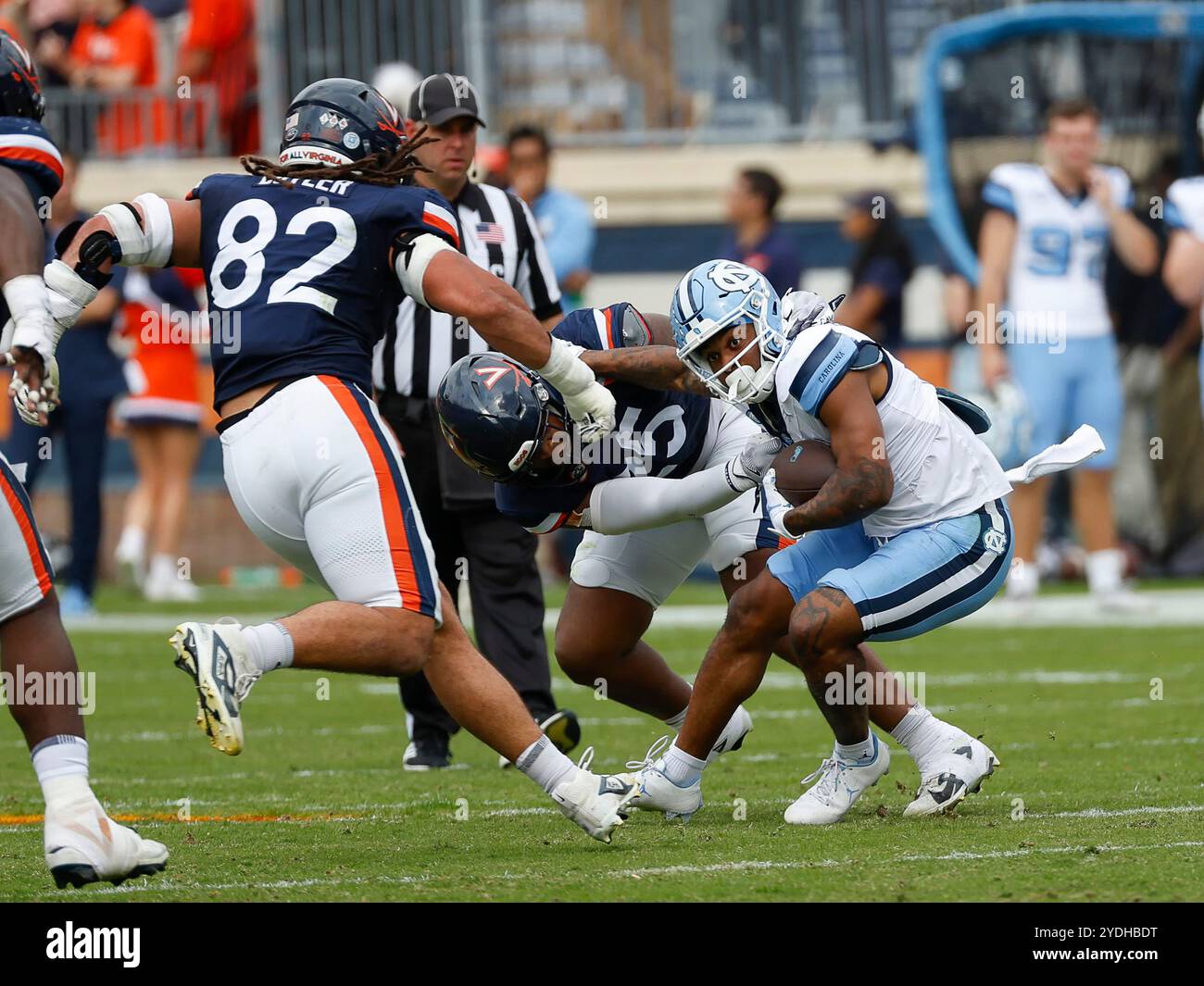 Charlottesville, Virginia, USA. 26th Oct, 2024. UNC Tar Heel Quarterback #12 Jacolby Criswell is caught in the backfield during NCAA football game between the University of Virginia Cavaliers and the University of North Carolina Tar Heels at Scott Stadium in Charlottesville, Virginia. Justin Cooper/CSM/Alamy Live News Stock Photo