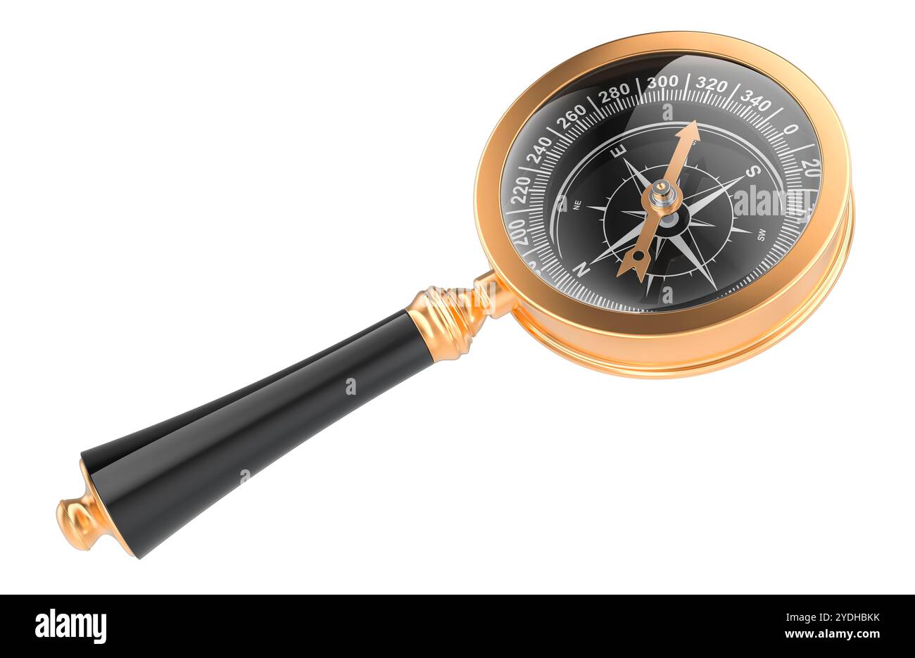 Loupe with magnetic compass. 3D rendering isolated on white background Stock Photo
