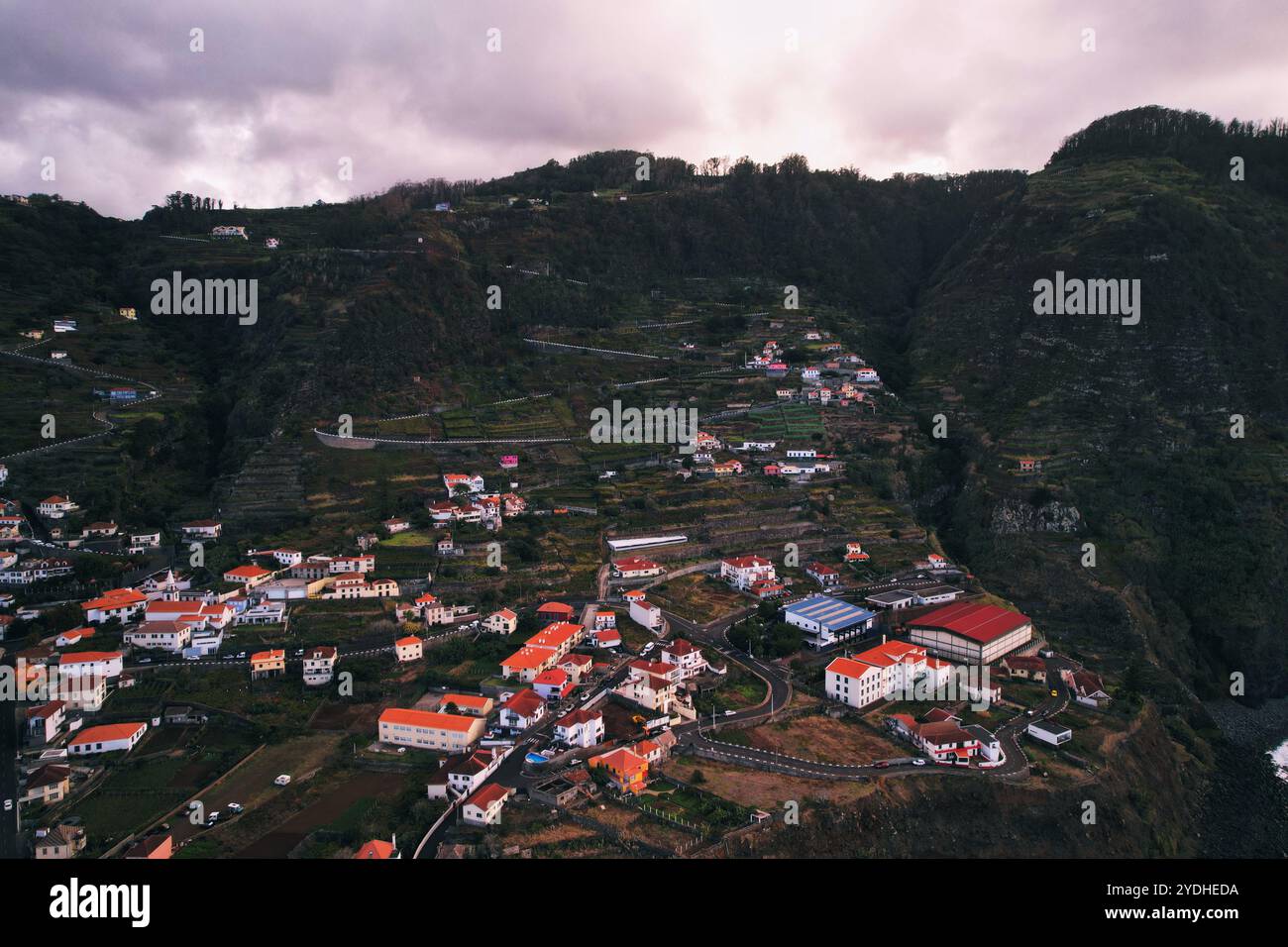 Aerial view of Porto Moniz with volcanic lava natural swimming pools ...