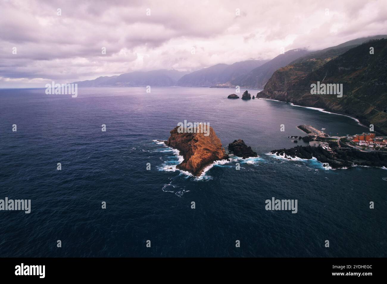Aerial view of Porto Moniz with volcanic lava natural swimming pools ...