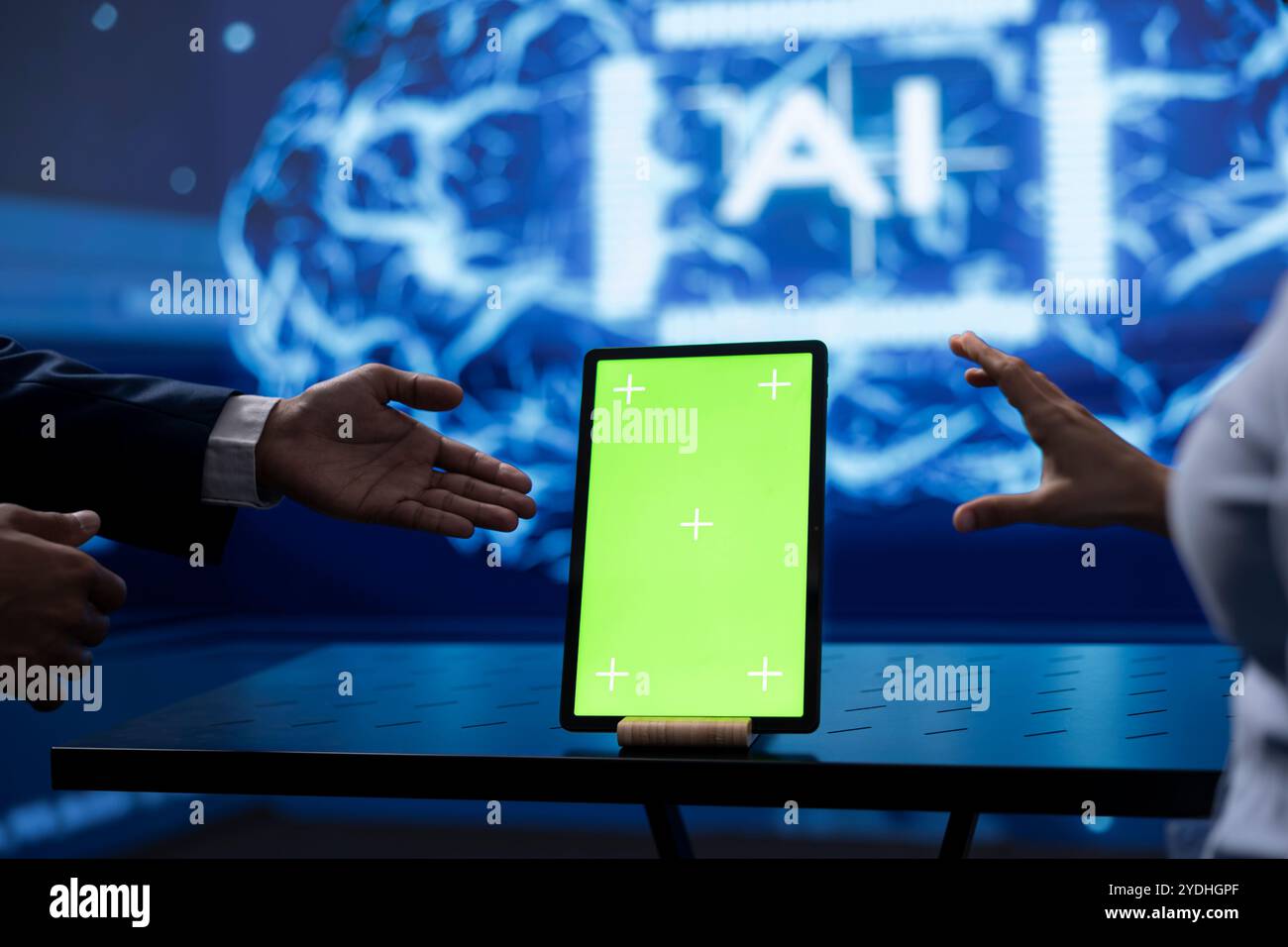 Admin running AI cognitive computing tech on chroma key tablet to simulate computerized model. Close up of isolated screen device used by IT professional to do data mining with artificial intelligence Stock Photo