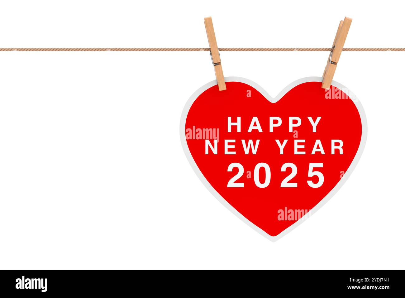 Red Paper Heart with Happy New 2025 Year Sign Hanging on a Rope on a white background. 3d Rendering Stock Photo