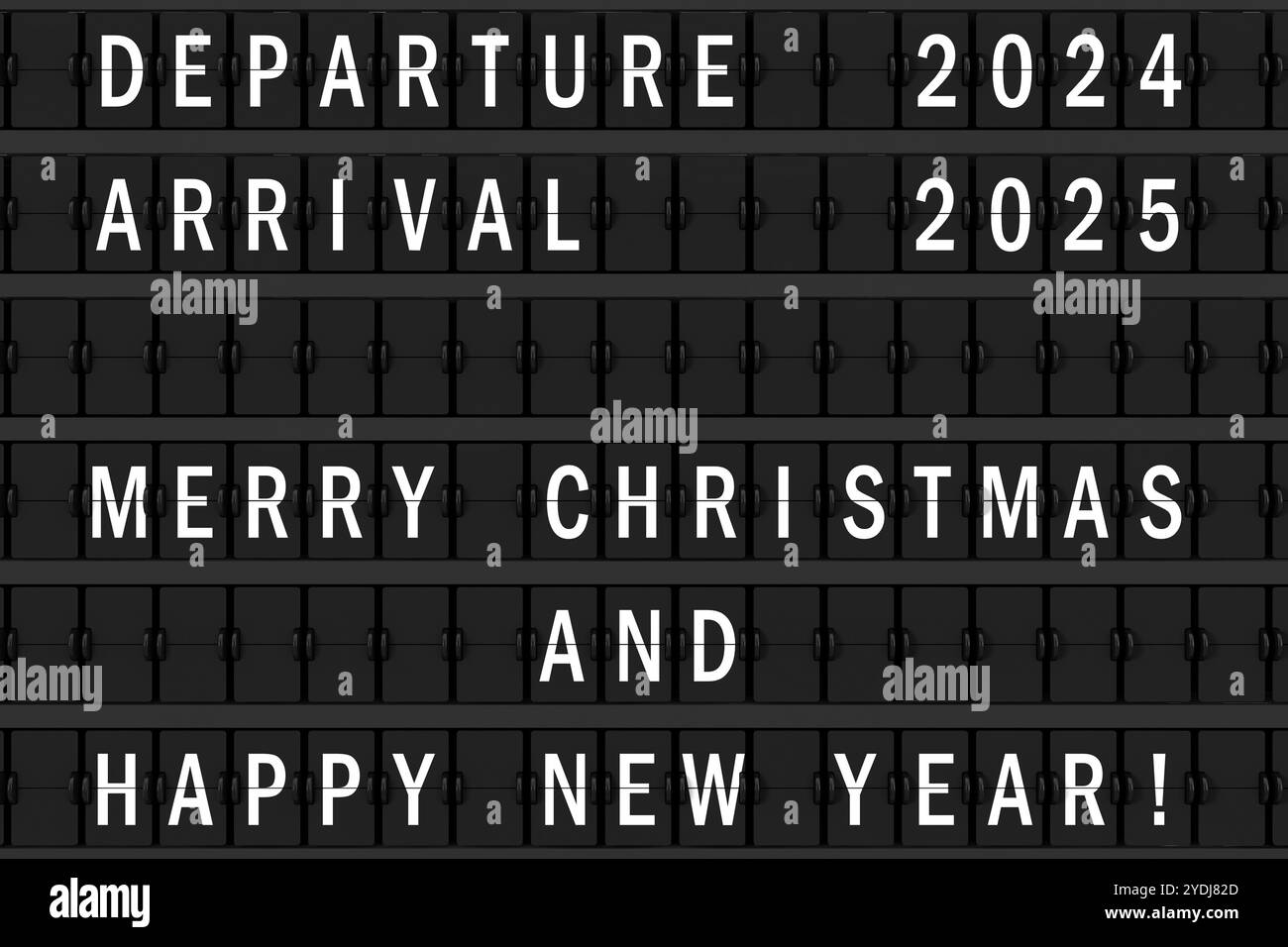 Airport Announcement Flip Mechanical Timetable with Hapy Merry Christmas and Happy New 2025 Year Sign extreme closeup. 3d Rendering Stock Photo