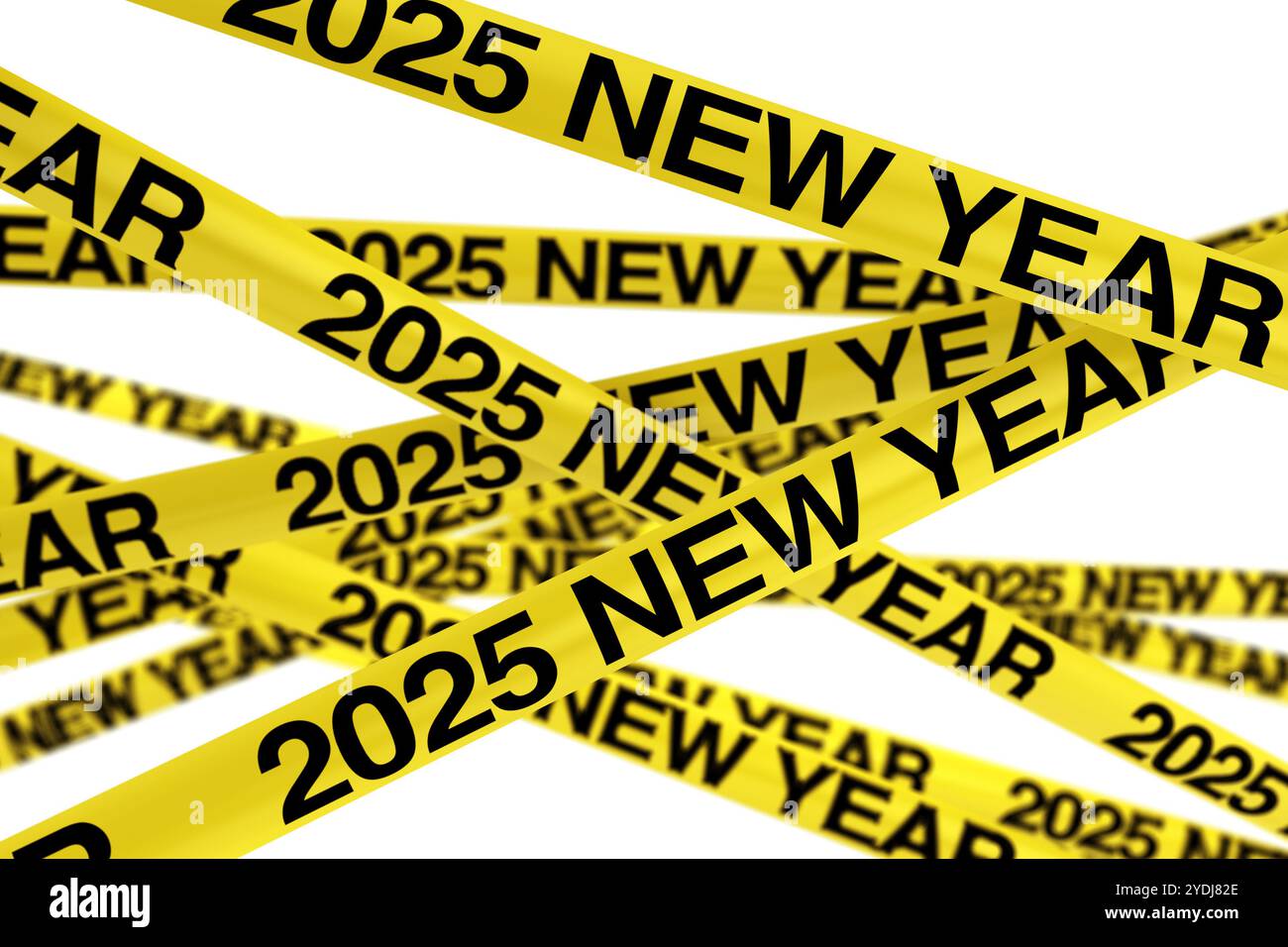 Caution Yellow Tape Strips With 2025 New Year Sign On A White Caution Yellow Tape Strips With 2025 New Year Sign On A White Background 3d Rendering 2YDJ82E 