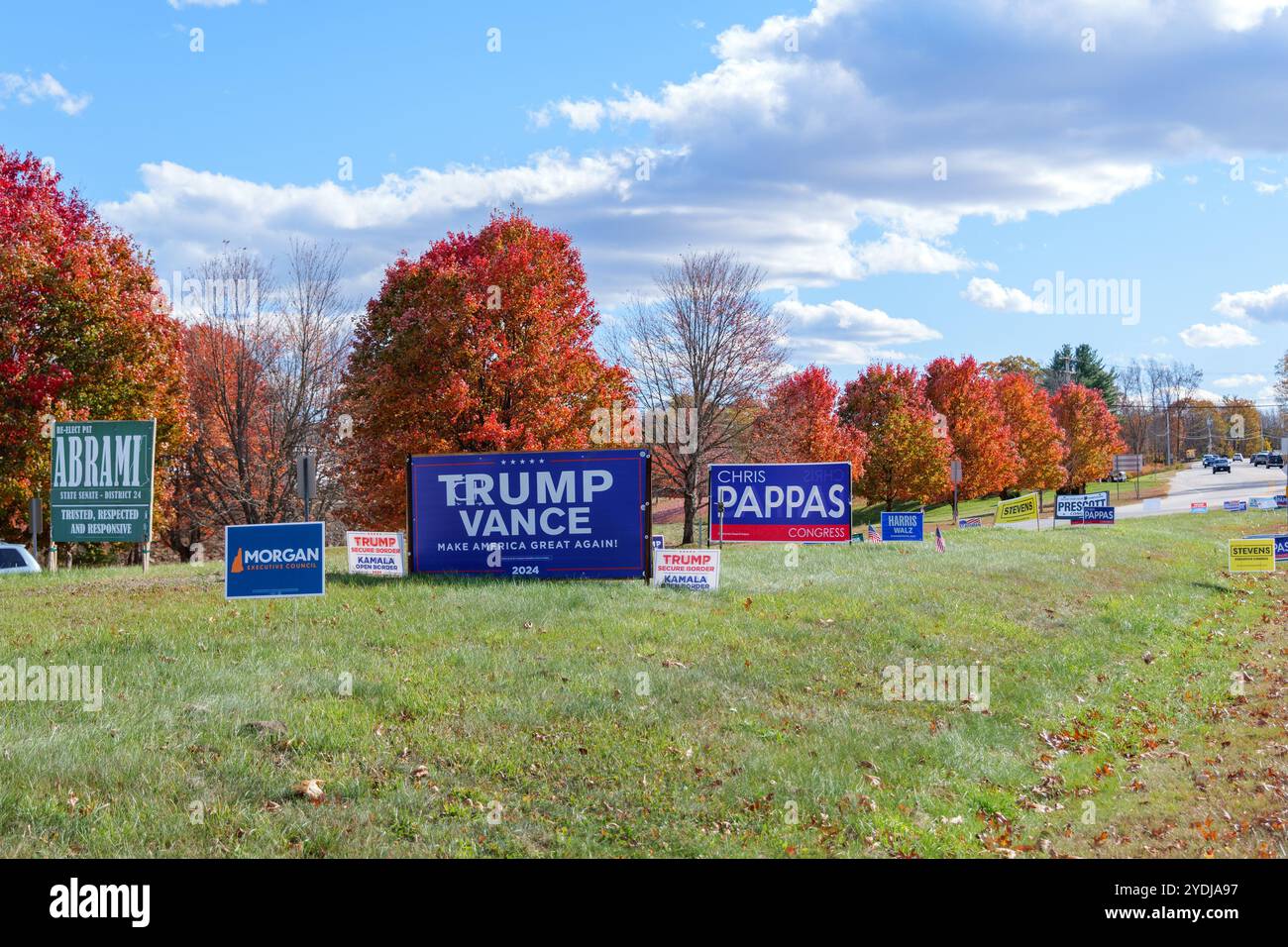 Political signs for the 2024 Presidential election on a sunny fall day in New Hampshire Stock Photo