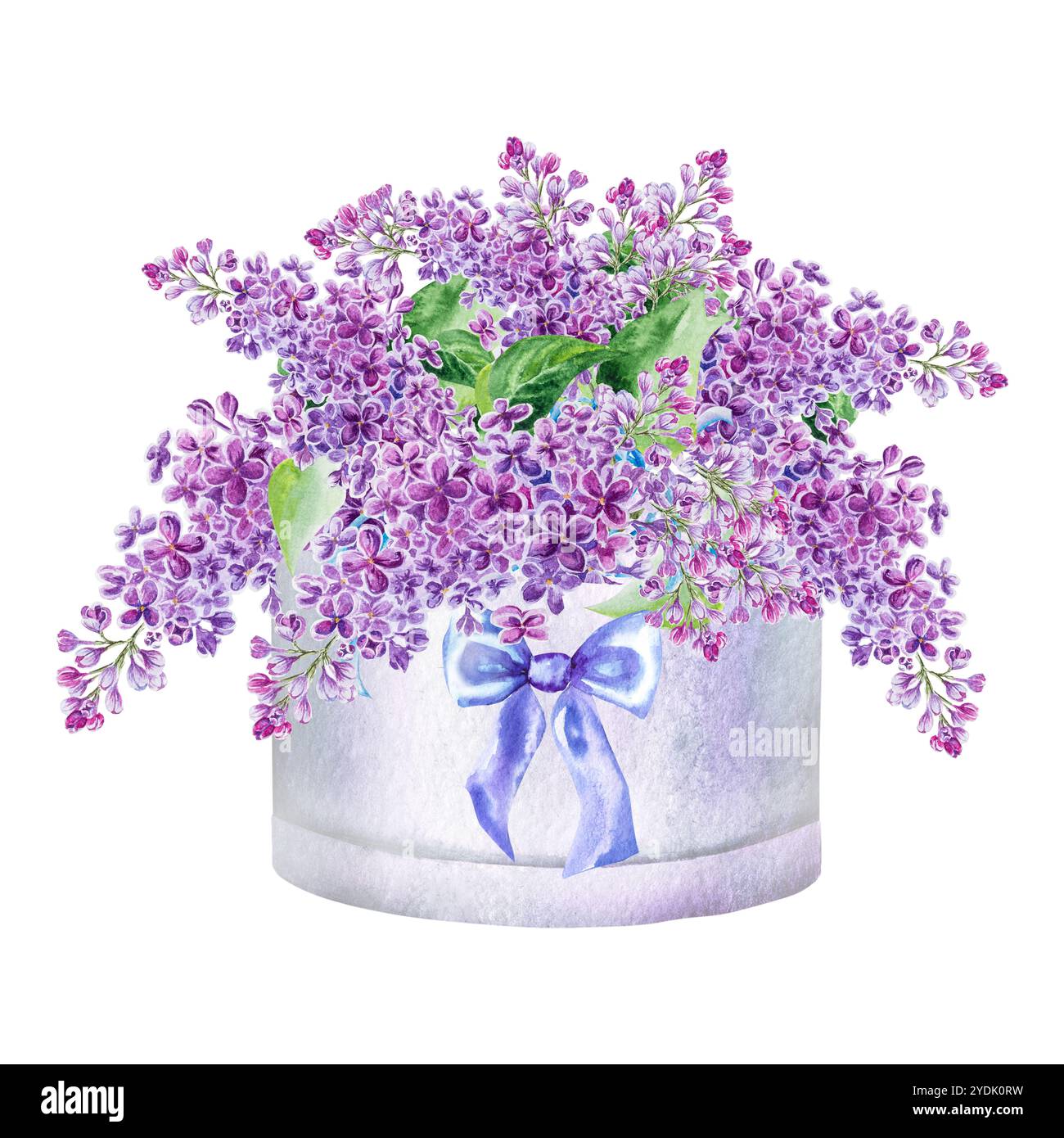 Watercolor illustration of a bouquet with lilac branches with a cute ...
