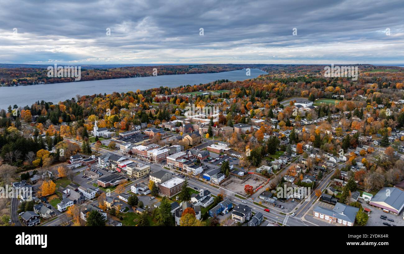 Aerial photo of fall foliage surrounding the Village of Cazenovia, Madison County, New York, October 2024. Stock Photo