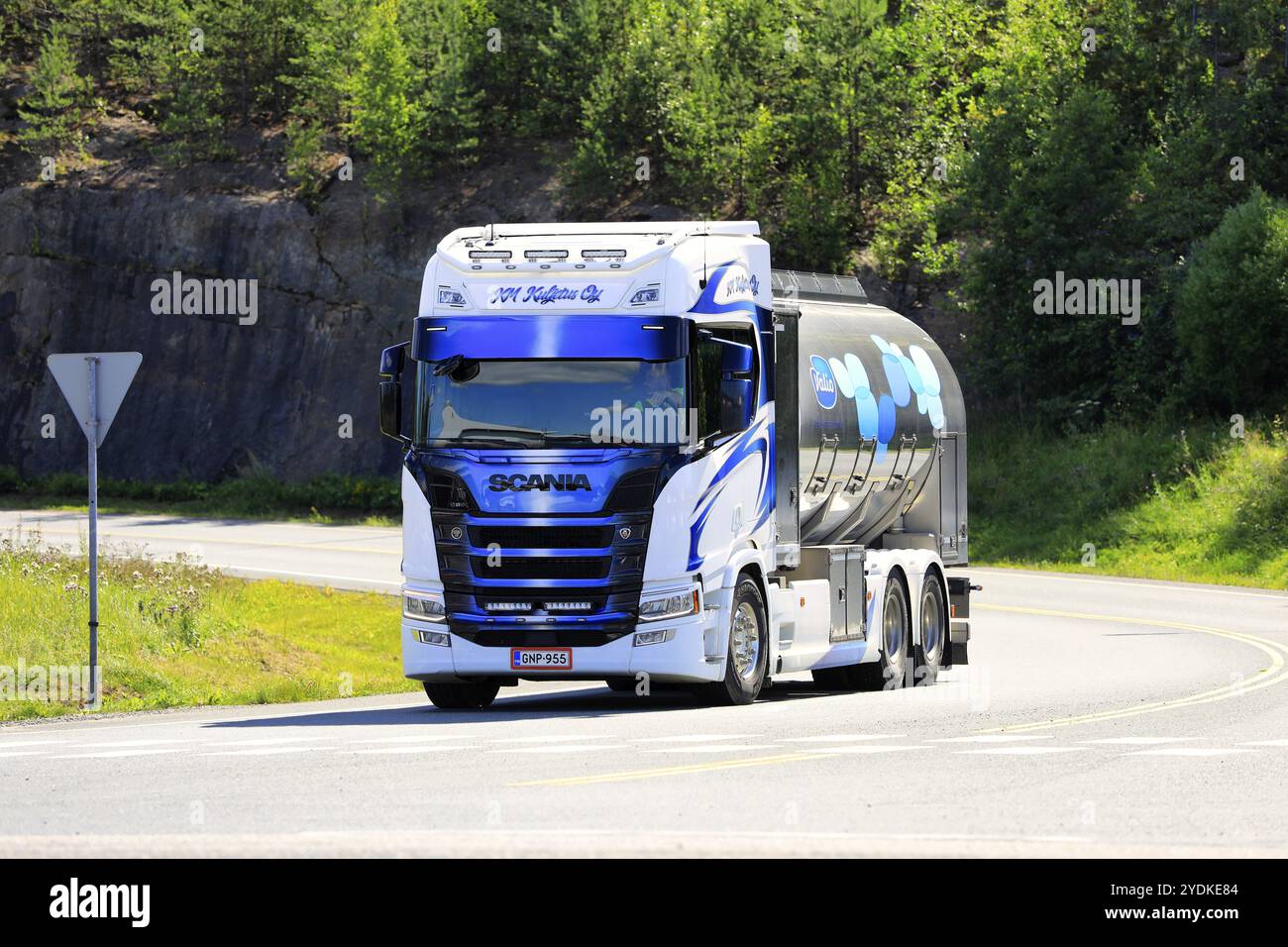 Beautifully customised Next generation Scania milk tank truck KM Kuljetus Oy transporting Valio Milk on intersection. Forssa, Finland. July 31, 2020 Stock Photo