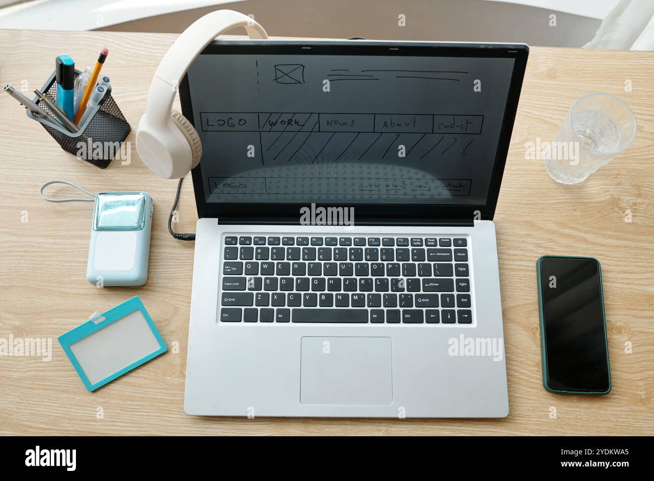 Modern Workstation Featuring Laptop and Accessories Stock Photo