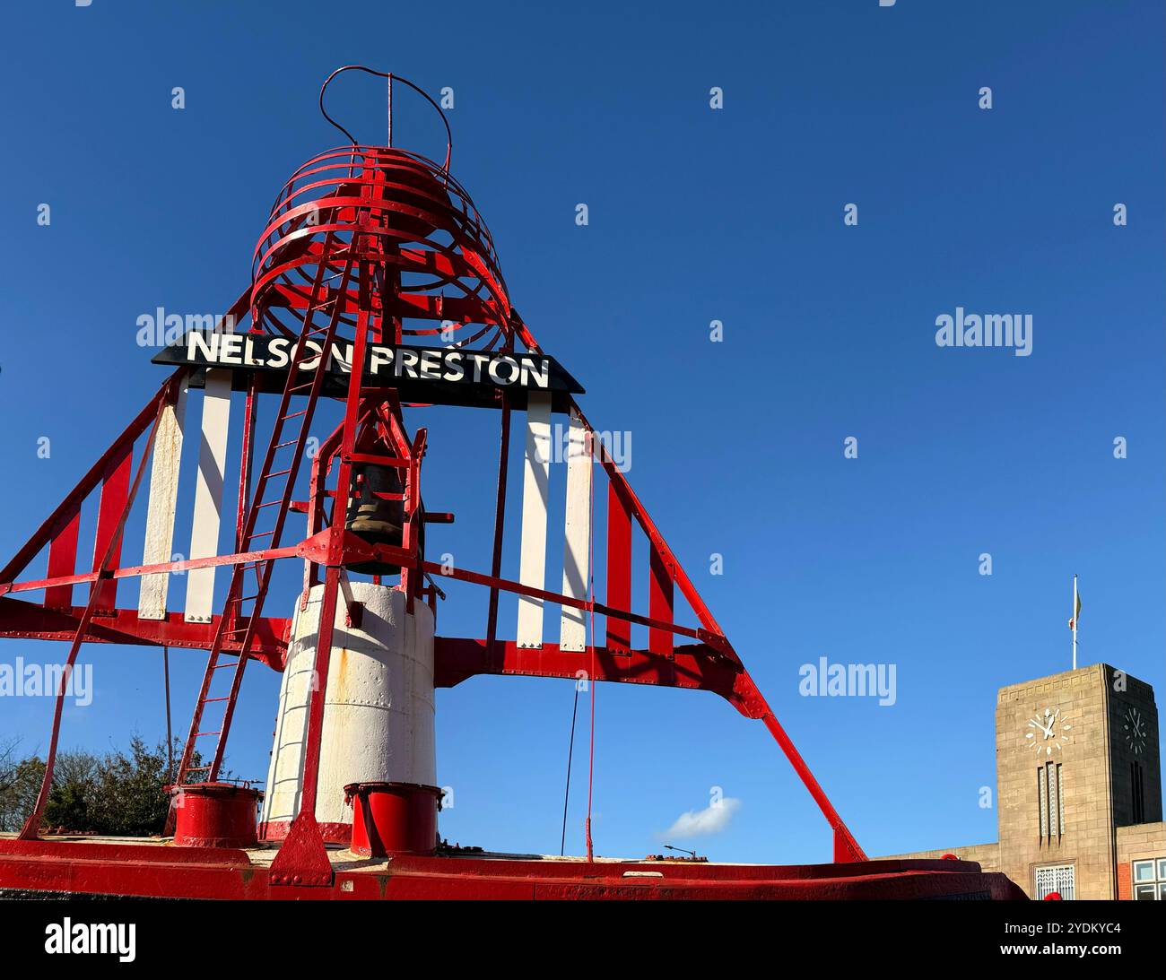 Red painted Nelson bell boat at entrance to Preston Docks, Ashton-on-Ribble, Lancashire - Smartphone Captured Stock Image