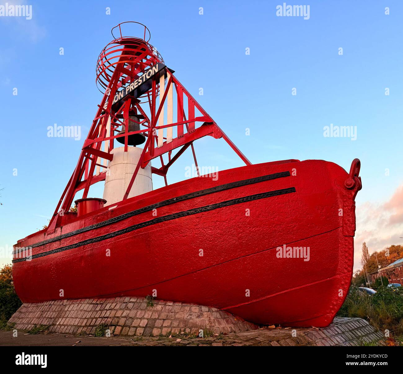 Red painted Nelson bell boat at entrance to Preston Docks, Ashton-on-Ribble, Lancashire - Smartphone Captured Stock Image