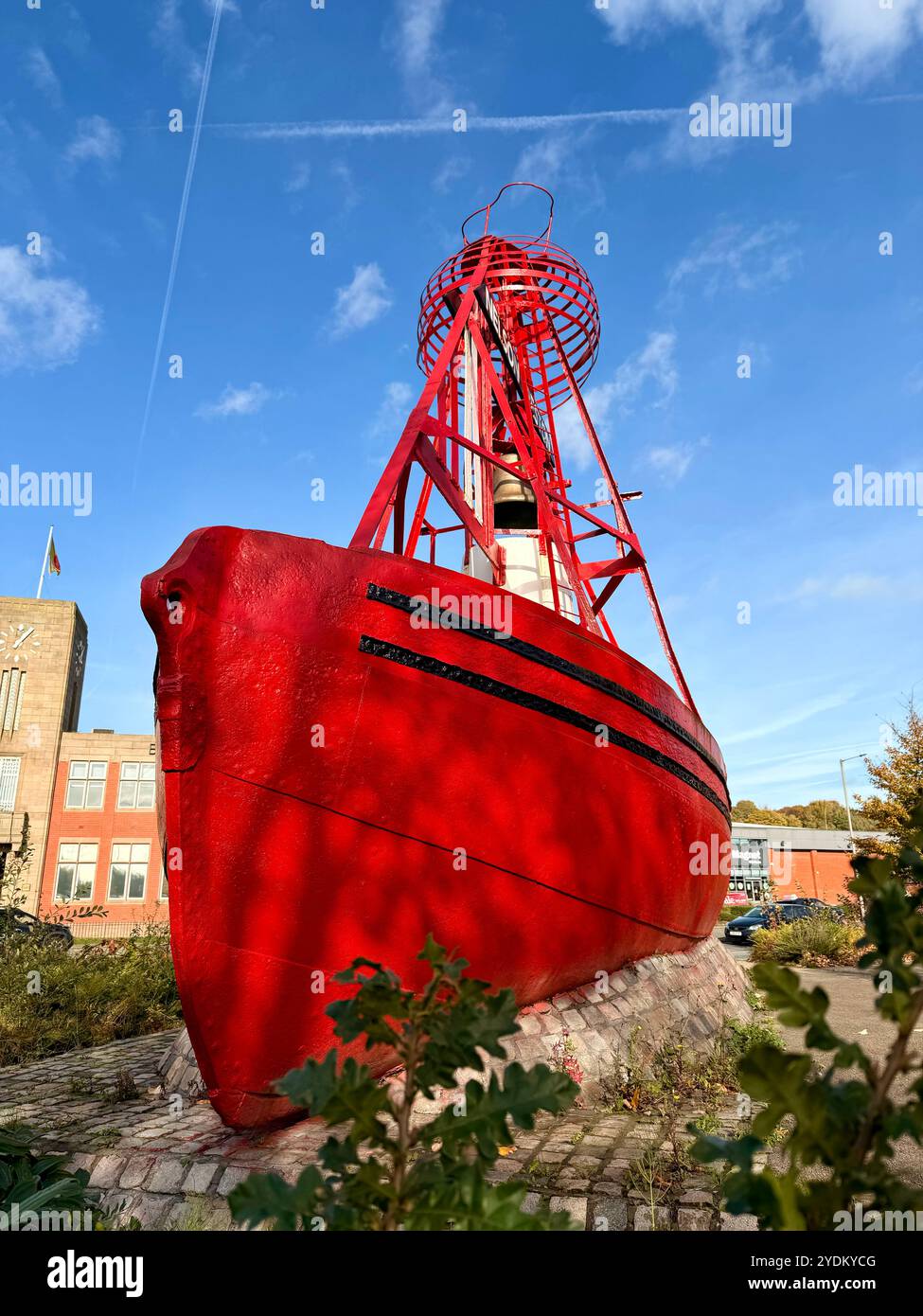 Red painted Nelson bell boat at entrance to Preston Docks, Ashton-on-Ribble, Lancashire - Smartphone Captured Stock Image