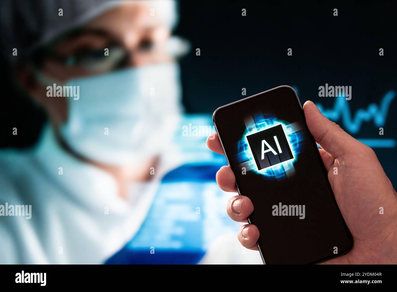 AI in medical health care technology. Medicine, healthcare and artificial intelligence app in phone. Doctor diagnosis, science research. Stock Photo