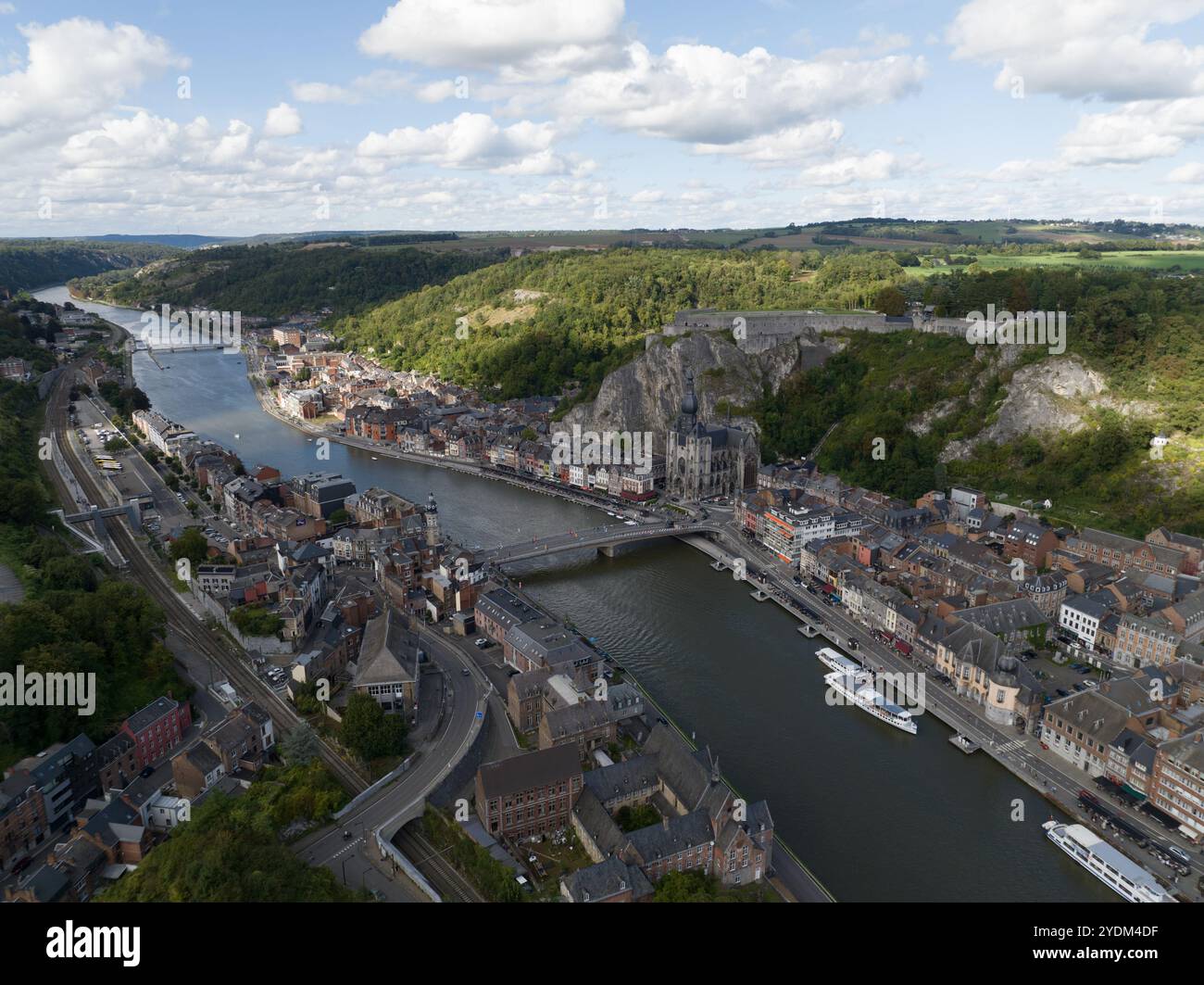 Dinant, Wallonia, Belgium, small city scape river Meuse, aerial drone view. Stock Photo