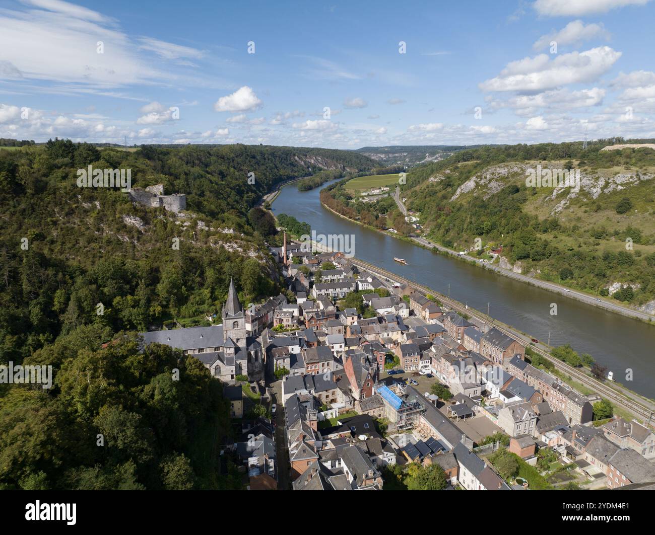 Dinant, Wallonia, Belgium, small city scape river Meuse, aerial drone view. Stock Photo