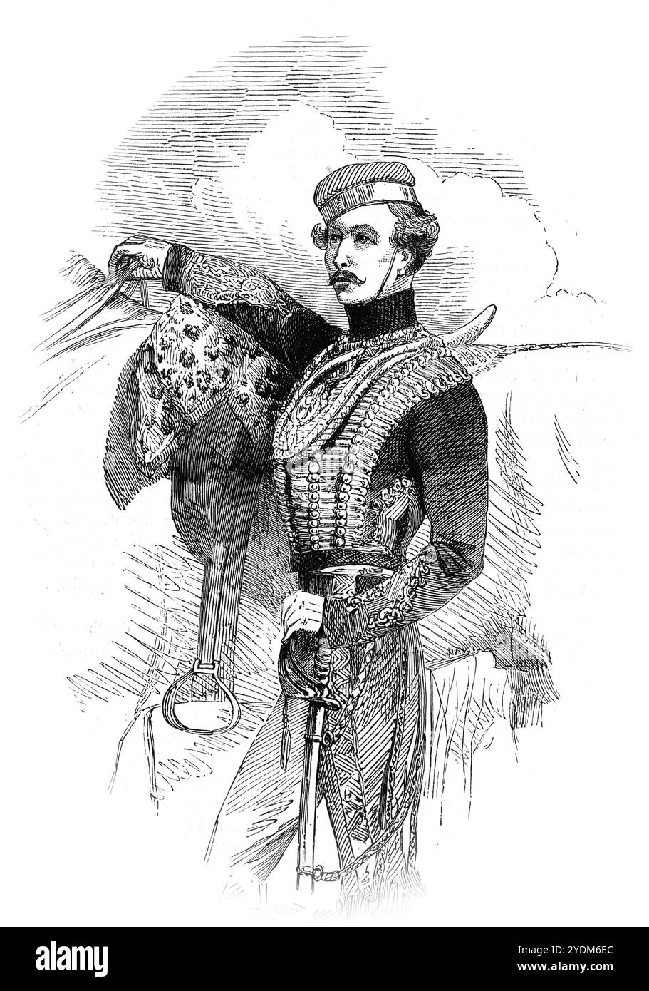 Portrait of Captain Nolan known for his role and death in the Charge of the Light Brigade during the Crimea War.   Charge of the Light Brigade was a military action undertaken by British light cavalry against Russian forces during the Battle of Balaclava in the Crimean War. On 25 Oct 1854, the Light Brigade, led by Lord Cardigan, mounted a frontal attack against a Russian artillery battery which was well-prepared with excellent fields of fire. The charge was the result of a misunderstood order from the CinC, Lord Raglan, who had intended the Light Brigade to attack a different objective Stock Photo