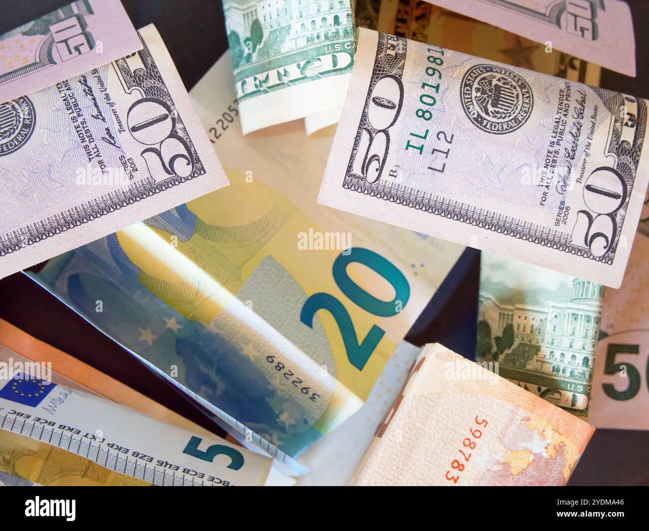 Monetary Medley. Various Euro and Dollar notes, financial theme. Stock Photo