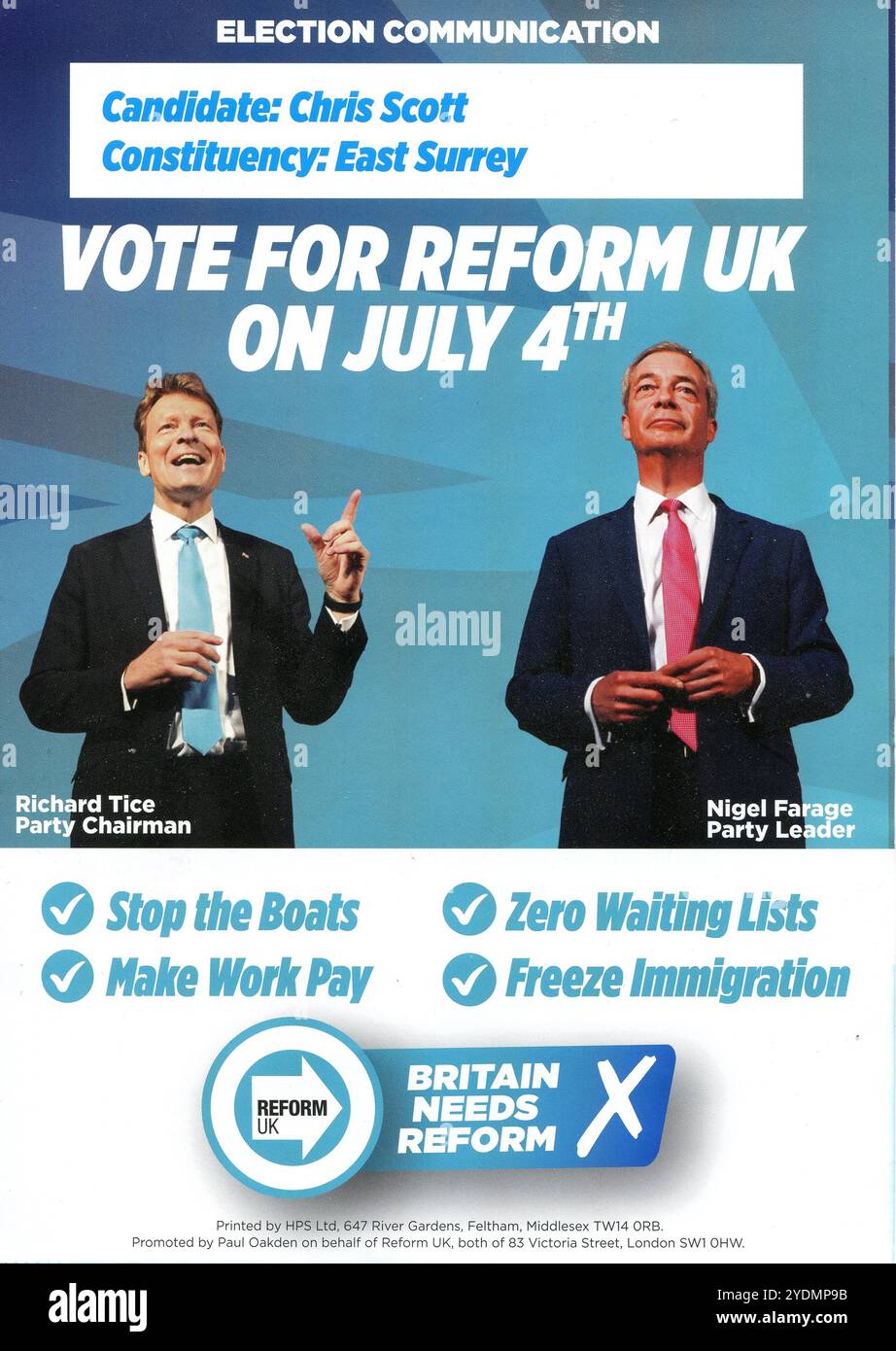 Campaign leaflet from Chris Scott, Reform Party candidate for the East Surrey constituency in the UK General Election held on July 4, 2024. Stock Photo