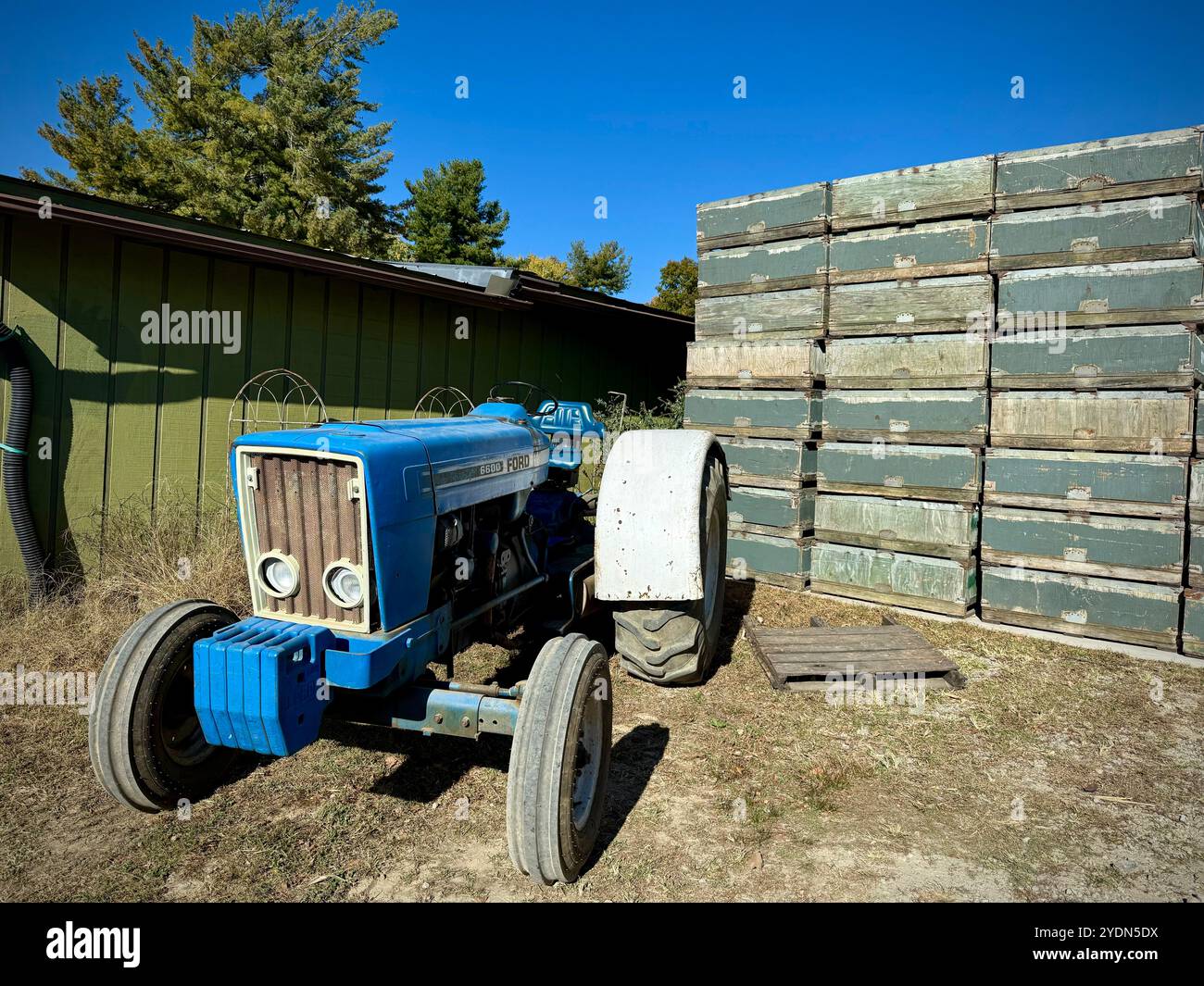 Vintage blue Ford tractor parked by a stack of weathered apple crates at a rural farm, capturing rustic charm and agricultural heritage in a fall harv - Smartphone Captured Stock Image