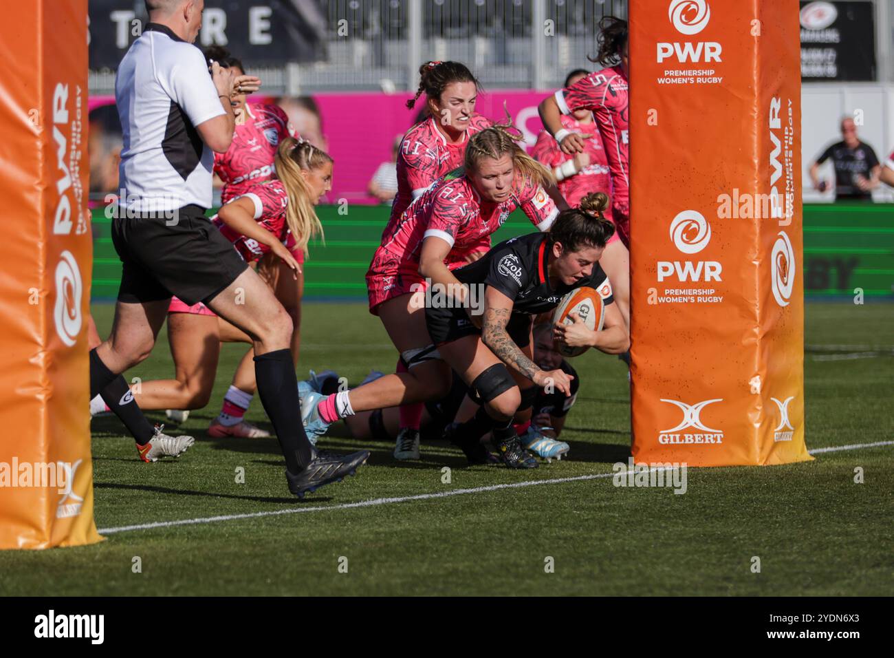 London, UK. 27th Oct, 2024. Gabby Senft (Saracens) scores a try during the Saracens Women v Gloucester-Hartpury Women match at StoneX Stadium for Round 4 of the Premiership Women's Rugby 2024/25 season. UK © ️ Credit: Elsie Kibue/Alamy Live News Stock Photo