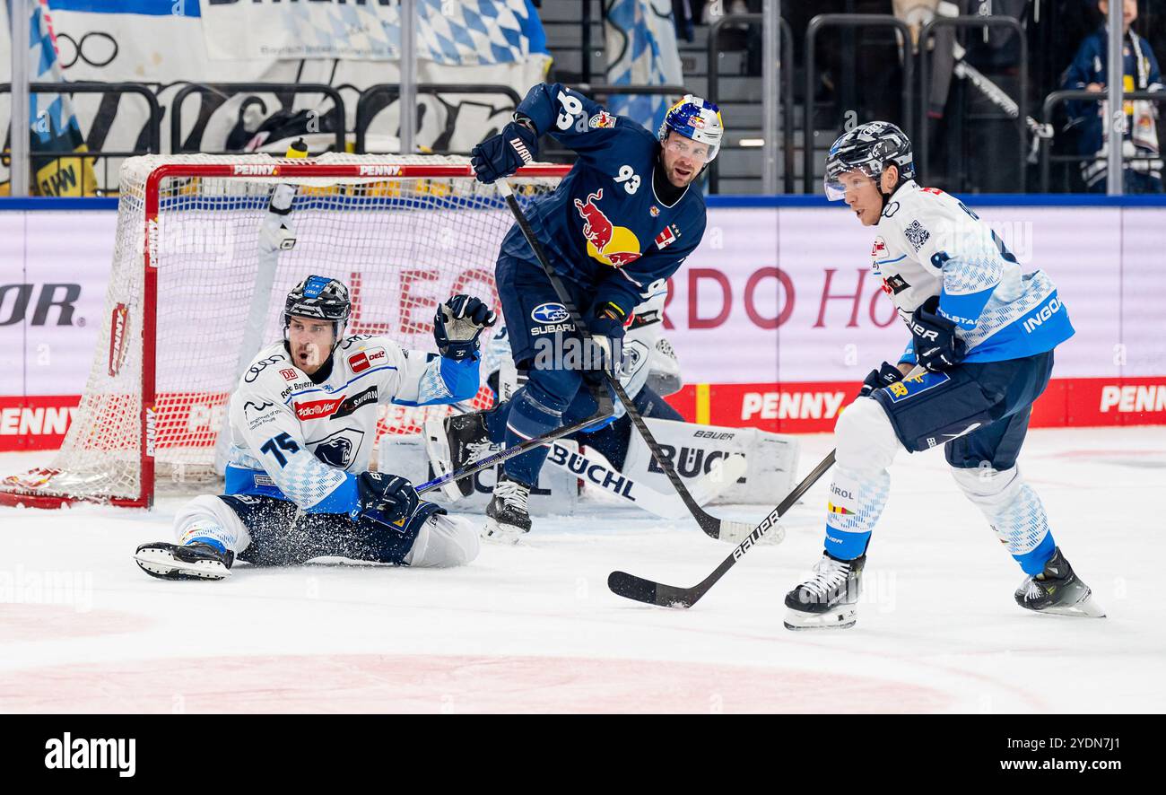 Alex Breton (ERC Ingolstadt Panther, #75) bei der Abwehrarbeit gegen Maximilian Kastner (EHC Red Bull Muenchen, #93), rechts Myles Powell (ERC Ingolstadt Panther, #9).  GER, EHC Red Bull Muenchen vs. ERC Ingolstadt Panther, Eishockey, DEL, 13. Spieltag, Saison 2024/2025, 27.10.2024.  Foto: Eibner-Pressefoto/Franz Feiner Stock Photo