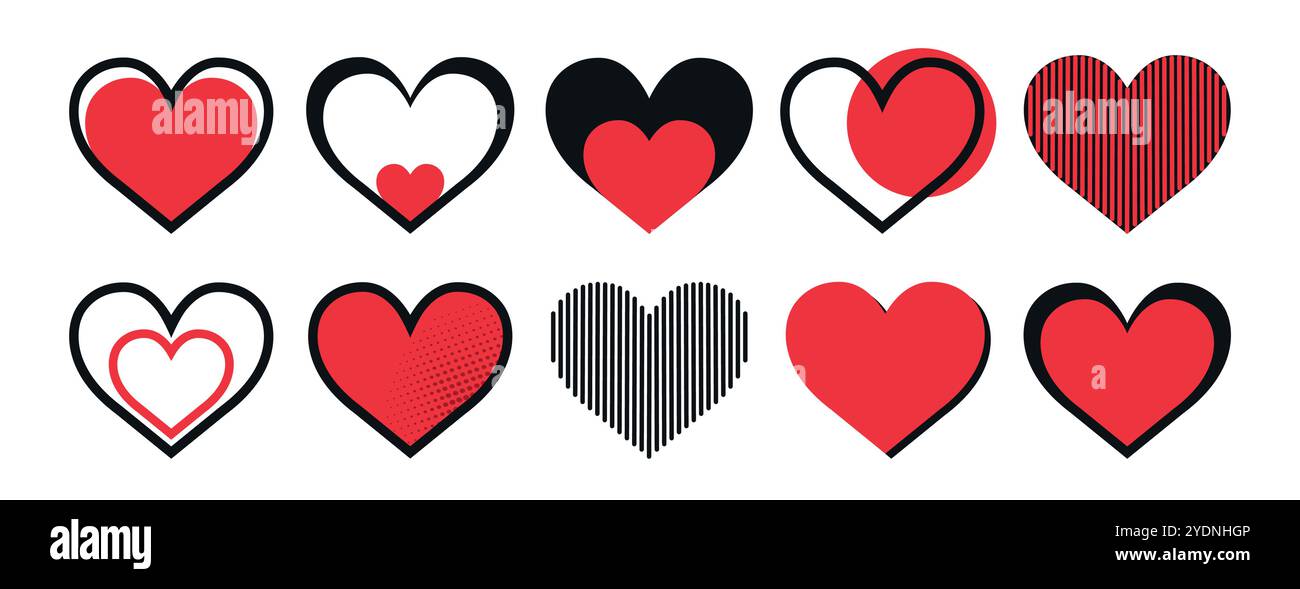 Set of red and black hearts icons in various shapes. Outline heart ...