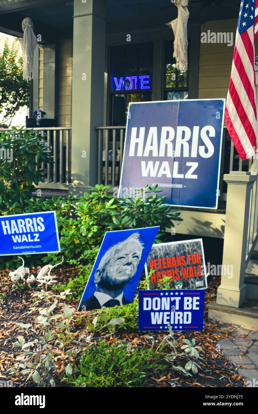 Harris-Walz yard signs at Democrats' get-out-the-vote canvas meeting. Arlington, Virginia. 27 Oct. 2024 Stock Photo