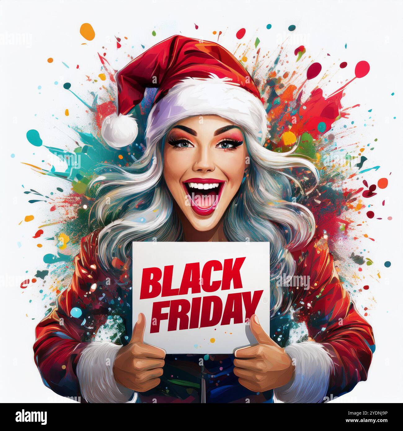 Blonde beautiful woman dressed as Santa Claus, with a colorful splash ...