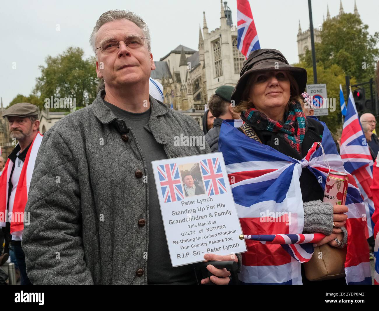 Men Summer Riots Attendees at a Tommy Robinson protest express support for Peter Lynch ...