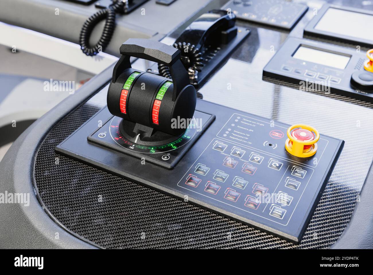 Ship control panel with an engine accelerator and buttons, close-up ...