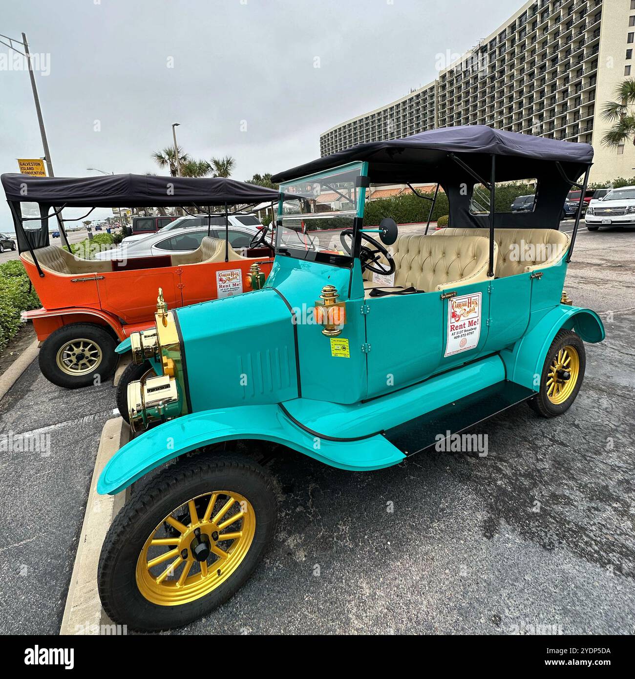 Old-fashioned vehicles for rent, Galveston, Texas, United States, North America - Smartphone Captured Stock Image
